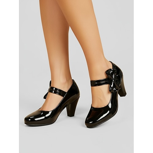 Rote Vintage-Pumps aus Lacklederimitat im Stil der 1950er Jahre – elegante Mary-Jane-Pumps mit Schleifendetail für Retro-Partys und Hochzeiten klassischer Pin-up-Stil