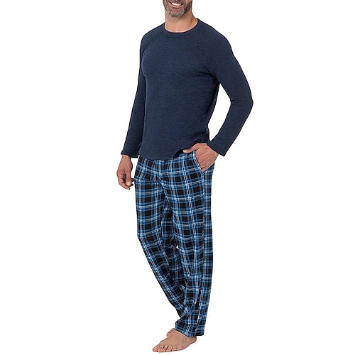 Herren Hausanzug Schlafanzüge Schlafanzug Set Pyjama-Oberteil und Hose 2 Stück Plaid Stilvoll Brautkleider schlicht Komfort Heim Täglich Baumwollmischung Komfort Rundhalsausschnitt Langarm T Shirt Image