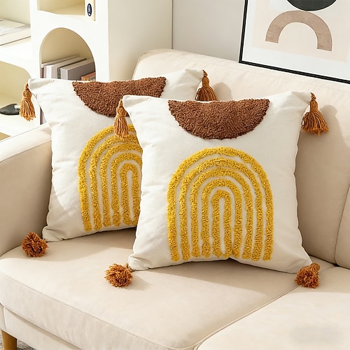 2 Kissenbezüge im Boho-Stil mit Quasten, 45 x 45 cm, dekoratives Sofa Kissenbezüge für Wohnzimmer, Gästezimmer, Heimdekoration Image