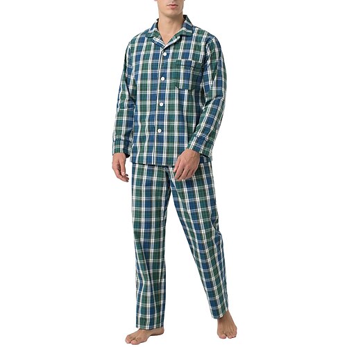 Herren Hausanzug Schlafanzüge Schlafanzug Set Pyjama-Oberteil und Hose 2 Stück Plaid Stilvoll Brautkleider schlicht Komfort Heim Täglich Baumwolle Komfort Kargen Langarm Hemd Hose Kordelzug Image