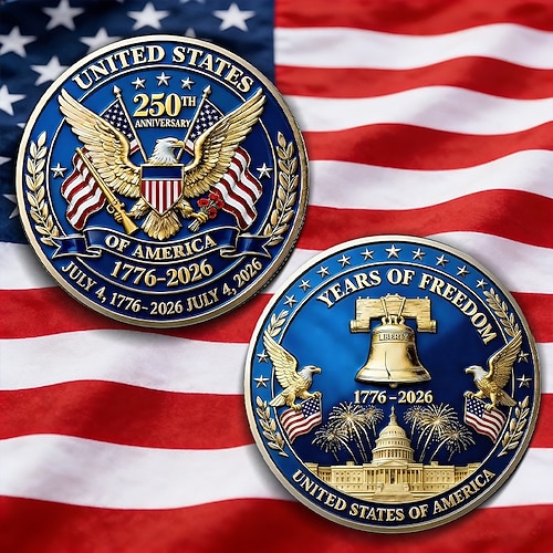 Gedenkmünze zum 250. Jahrestag der Unabhängigkeit der USA, patriotische Medaille (1776–2026) mit Weißkopfseeadler, Mount Rushmore und Freiheitsglocke Feuerwerk, historisches Sammlerstück, Geschenk Image