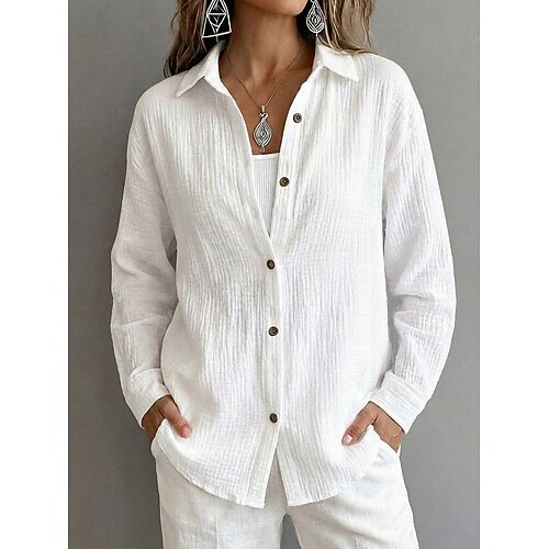 Damen Hemd Bluse Knöpfe Einfach Klassisch Modern Lässig Langarm Hemdkragen Normale Oberteile Täglich Ferien Ausgehen Weiß Khaki Sommer Frühling Image