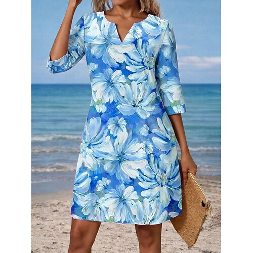 Damen Minikleid Shiftkleid T-Shirt-Kleid Sommerkleid Lässig Täglich Strand Ferien Normale Passform Blumen Grafik Dreiviertelarm V Ausschnitt Blau Rosa Purpur Grün Sommer Frühling Image