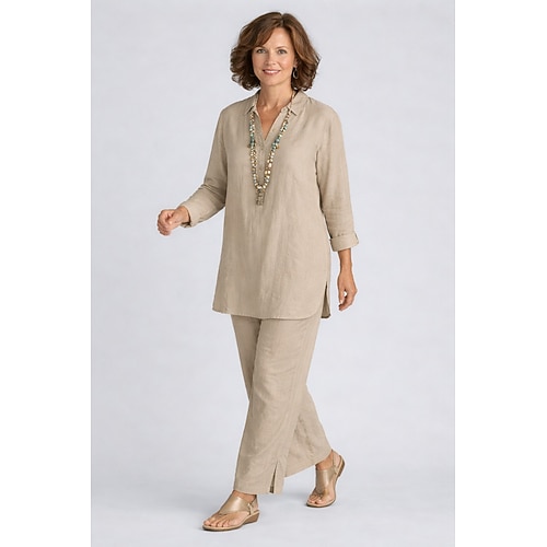 Damen-Baumwoll-Leinen-Sets, Loungewear-Sets, Basic-Casual-Bequem, einfarbiges Hemd und Hose, langärmlig, Reverskragen, schwarz, braun, khaki, dunkelblau, Sommer, Frühling Image