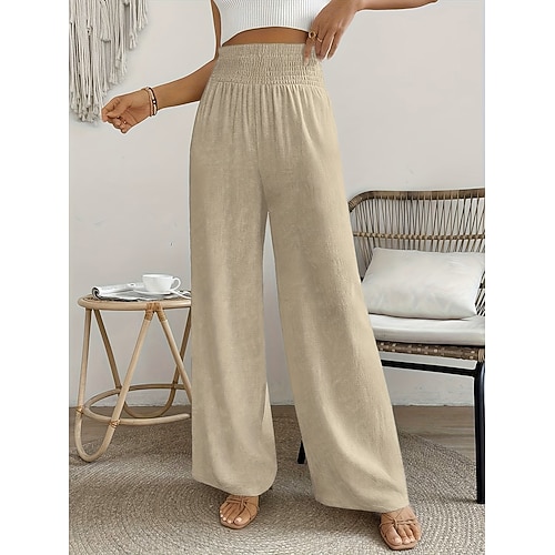 Damen Hose in Leinenoptik Weites Bein Chinos Sommerhose Urlaub Streetwear Lässig Volle Länge Mittlere Taillenlinie Einfach Tasche Elastischer Bund Komfort Atmungsaktiv Mikroelastisch Täglich Outdoor Image