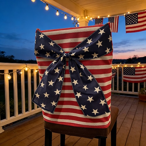 Stuhlhussen mit Schleife zum 250. Jahrestag der USA (1776–2026) – Gartendekoration für patriotische Feierlichkeiten zum 500. Unabhängigkeitstag – Küchen- und Esszimmerdekoration – 2- oder 6-teiliges Set Image