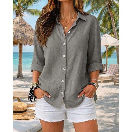 Damen 100% Baumwolle Hemd Knopf-up Hemd Bluse Einfarbig Schlicht Vintage Stilvoll Modern Langarm Hemd Kragen Lange Tops Täglich Feiertag Ausgehen Blau Weiß Gelb Rosa Pink Grau Image