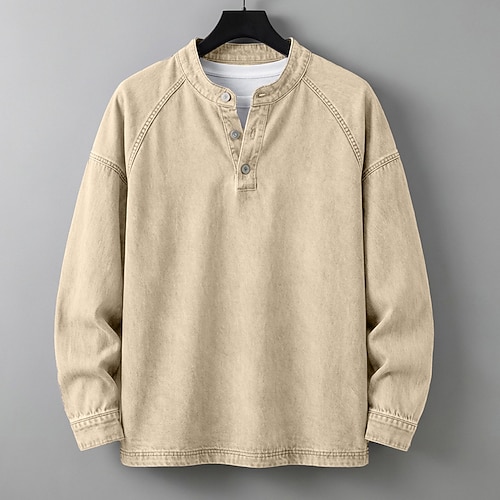 Herren T Shirt Henley Hemd Hemd aus 100 % Baumwolle in Säurewaschung T-Shirt Langarm Einfach Einheitliche Farbe Vintage Streetwear Lässig Stückgefärbt Verblasst Gewaschen Stehkragen Henley Lässig Image