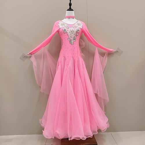 Ballsaal-Tanzkleid mit Strasssteinen, Damen-Partykleid, moderne Bühnenkleidung, langärmelig, Walzer-Wettbewerbskostüm Image