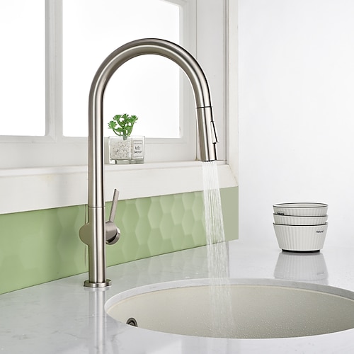 Küchenarmatur mit ausziehbarer Brause, Einhebelmischer mit hohem Auslauf für Spülbecken, massive Messingkonstruktion, Brausekopf mit zwei Funktionen, einfache Installation Image