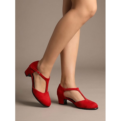 Vintage-Mary-Jane-Schuhe aus rotem Samt im Stil der 1950er-Jahre – elegante T-Riemchen-Schuhe mit Blockabsatz und runder Zehenpartie für Retro-Partys und festliche Anlässe. klassische Alltagsmode Image