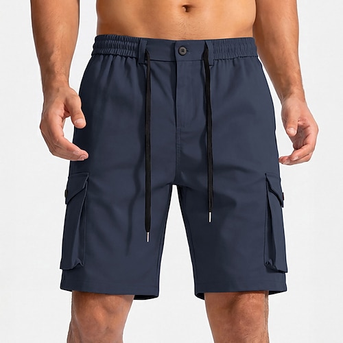 Herren Cargohose Cargohosen Cargo-Shorts Kordelzug Tasche Elastischer Bund Einfach Komfort Atmungsaktiv Knielang Lässig Outdoor Urlaub Urlaub Mode Schwarz Marineblau Unelastisch Image