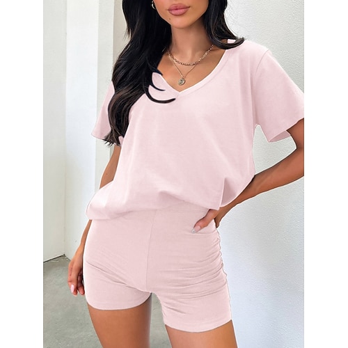 Damen Shorts-Sets Kurzarm Rundhals Einfach Mode Streetwear Lässig Täglich Outdoor Schwarz Rosa Marineblau Sommer Normale Passform Image