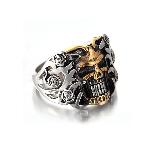 Gothic-Totenkopfring aus Edelstahl für Herren, Biker-Punk-Statement-Ring in verschiedenen Größen mit floralen Details, auffälliger Modeschmuck für Freizeit, Reisen, Urlaub und Halloween-Styling Image