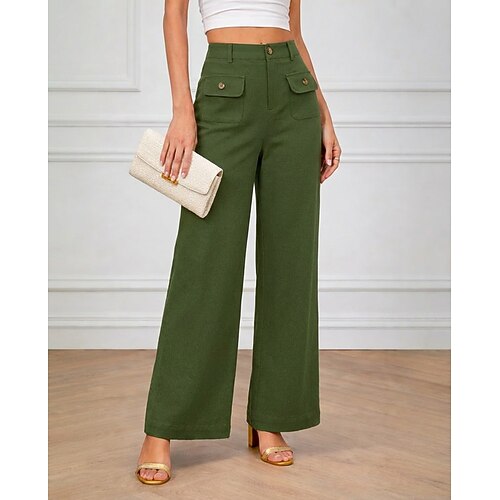 Damen Weites Bein Stoffhosen Urlaub Streetwear Basic Volle Länge Natürliche Taille Einfach Tasche Elastischer Bund Bequem Komfort Unelastisch Täglich Urlaub Ausgehen Armee-Grün Hellhimmelblau Image
