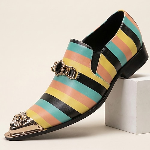Mehrfarbig gestreifte Herren-Slipper mit spitzer Zehenpartie und Metallkappe – elegante Schuhe für Hochzeiten, Bankette, Partys, Bühnenauftritte, Modeveranstaltungen und extravagante Abendgarderobe Image