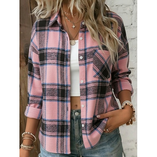 Damen Hemd Durchgeknöpft Hemd Freizeithemd Bluse Knöpfe Karomuster Stilvoll Klassisch Modern Langarm Hemdkragen Normale Oberteile Täglich Ferien Ausgehen Blau Rosa Wein Sommer Frühling Image