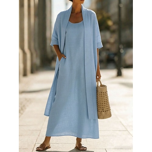Damen Kleid-Set Shiftkleid Elegant Einfach Tasche Maxikleid Dreiviertelarm Rundhalsausschnitt Täglich Outdoor Blau Weiß Rosa Sommer Frühling Lässiger Schnitt