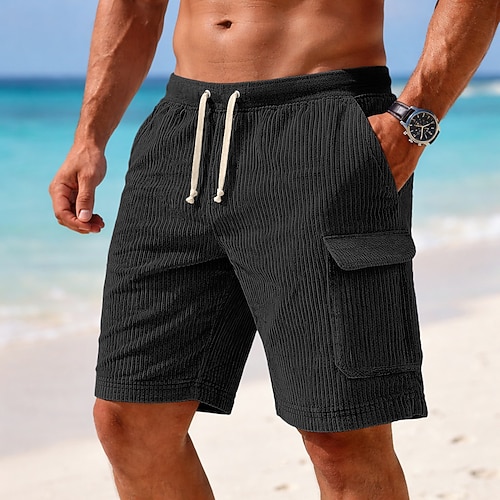 Herren Cargo-Shorts Shorts Freizeitshorts Cordshorts Tasche Elastischer Bund Einfach Texture Komfort Atmungsaktiv Über dem Knie Lässig Outdoor Strand Urlaub Mode Blau Schwarz Mikroelastisch Image