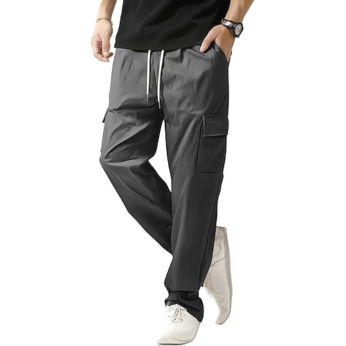 Herren Cargohose Freizeithose Schnelltrocknende Hose Kordelzug Tasche Einfach Komfort Atmungsaktiv Volle Länge Täglich Heim Outdoor Urlaub Einfach Schwarz Weiß Unelastisch Image