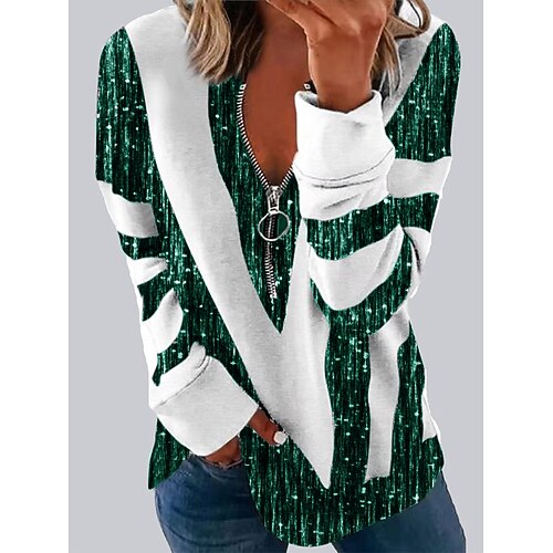 Damen Pullover Sweatshirt Reißverschluss Druck Gestreift Lässig Langarm V Ausschnitt Normale Oberteile Straße Alltagskleidung Blau Schwarz Grün Frühling Herbst Winter Image