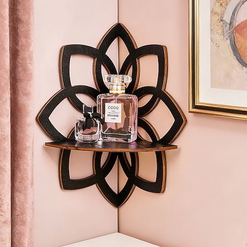 Schweberegal mit schwarzer Lotusblume, 8-blättriges DIY-Wandregal aus Holz, dekoratives Aufbewahrungsregal für Kerzen, Wohnaccessoire, Wohnzimmerdekoration, Organizer für Kleinigkeiten Image