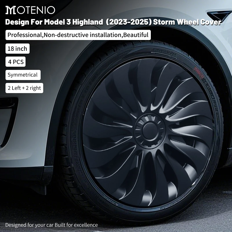 Set di 4 copricerchi da 18 pollici nuovo stile Storm per Tesla Model 3 Highland (2023–2026) – Accessori coprimozzo destro e sinistro.