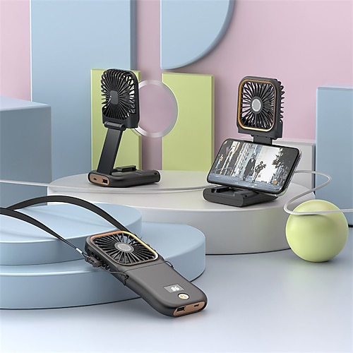 Handventilator, tragbarer, faltbarer Mini-Nackenventilator mit LED-Anzeige Powerbank, 180° faltbarer Taschenventilator mit Handyhalterung, wiederaufladbarer, freihändiger USB-Taschenventilator für Image
