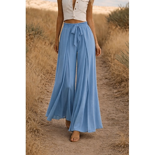 Damen Kunstbaumwollleinen Weites Bein Hose Freizeithose Urlaub Mode Streetwear Volle Länge Hohe Taille Einfach Kordelzug Elastischer Bund Komfort Bequem Unelastisch Täglich Urlaub Straße Kamel Image