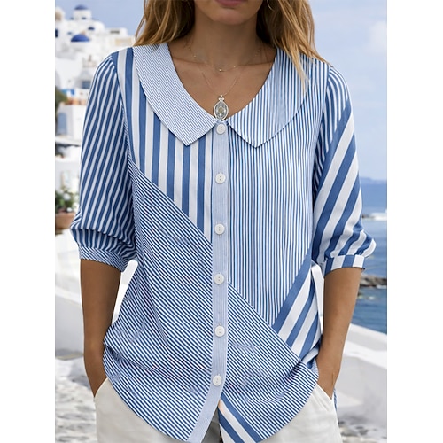 Damen Bluse Knöpfe Druck Grafik Gestreift Vintage Stilvoll Lässig Dreiviertelarm Peter Pan Kragen Normale Oberteile Täglich Arbeit Ferien Blau Purpur Grün Khaki Sommer Frühling Image