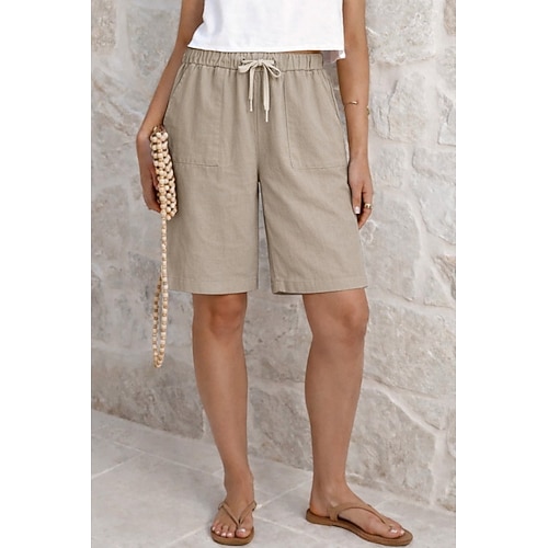 Damen Shorts in Leinenoptik Bermudashorts Shorts Sommershorts Urlaub Mode Alltagstauglich Knielang Hohe Taille Einfarbig Einfach Kordelzug Tasche Elastischer Bund Komfort Schnelltrocknend Weich Image