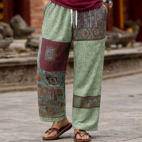 Herren Patchwork Geometrisches Muster Ethnisch Hose Freizeithose Baggy-Hosen Mittlere Taille Boho Vintage-Retro Heim Outdoor Urlaub Elastischer Kordelzug in der Taille Leinenähnliche Hose mit Taschen Image