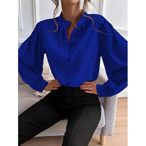 Damen Hemd Durchgeknöpft Hemd Freizeithemd Bluse Knöpfe Einfach Stilvoll Basic Klassisch Langarm Stehkragen Normale Oberteile Täglich Ferien Ausgehen Blau Schwarz Rosa Wein Khaki Sommer Frühling Image