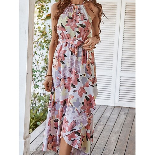 Damen Maxikleid Boho-Kleid Freizeitkleid Elegant Mode Modern Outdoor Urlaub Ausgehen Normale Passform Blumen Ärmellos Rundhalsausschnitt Blau Gelb Rote Sommer Frühling Image
