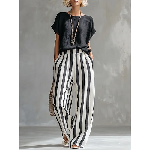 Damen Hosen-Sets Kunstbaumwollleinen Kurzarm Rundhalsausschnitt Grafik Gestreift Mode Streetwear Lässig Täglich Outdoor Blau Schwarz Gelb Frühling Sommer Lässiger Schnitt Image