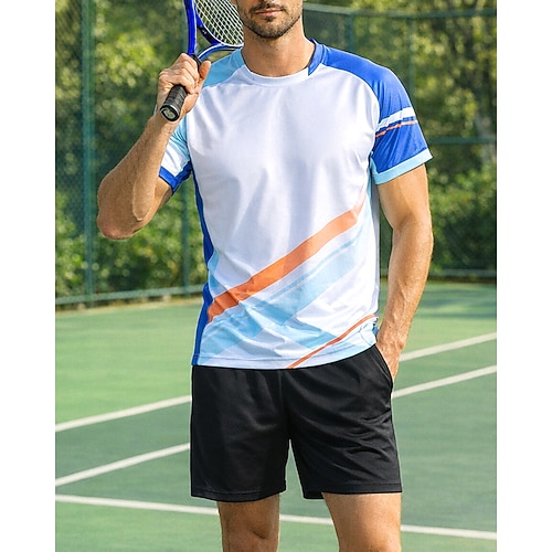 Herren Farbblock Sport-Set Hemden Shorts Tennis-Set Kurzarm 2 teilig Schnelltrocknend Elastisch Feuchtigkeitsableitend Atmungsaktiv Tennis Golfschuhe Pickleball Rundhalsausschnitt Shorts Oberteil Image
