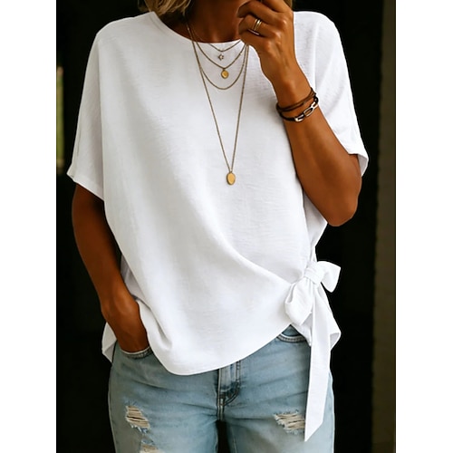Damen Bluse Schleife Einfarbig Täglich Stilvoll Basic Kurzarm Rundhalsausschnitt Normale Oberteile Täglich Blau Schwarz Weiß Rosa Braun Sommer Frühling Image