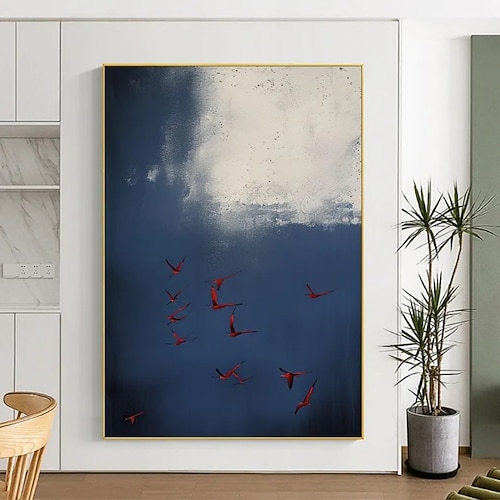 Handgemaltes Ölgemälde auf Leinwand, Wanddekoration, blauer Himmel, roter Vogel, abstrakte Textur, Gemälde für die Dekoration von Esszimmer und Wohnzimmer, auf Keilrahmen gespannt/gerollt, rahmenlos, Image