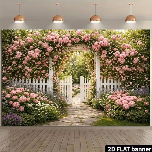 Wandteppich mit rosa Blumengarten-Motiv, floralem Torbogen, Landhausstil, Naturlandschaft für Schlafzimmer, Wohnzimmer, Studentenwohnheim, Heimdekoration Image