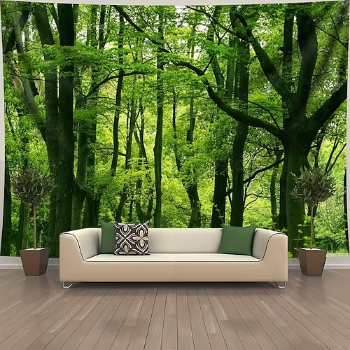 Wandteppich mit grünem Waldmotiv, Naturlandschaft, Waldlandschaft, malerischer Baum, für Schlafzimmer, Wohnzimmer, Studentenwohnheim, Heimdekoration Image