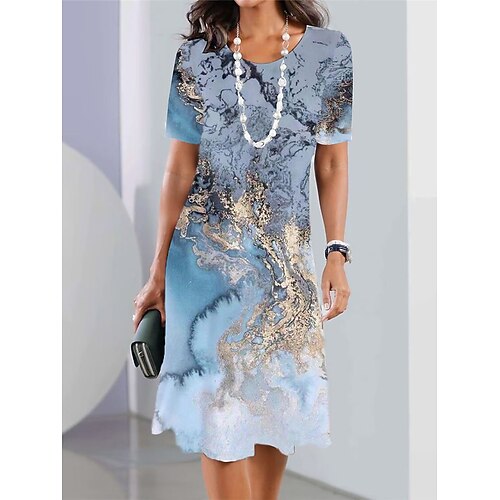 Damen Knielanges Kleid Shiftkleid Freizeitkleid Elegant Mode Modern Täglich Outdoor Urlaub Normale Passform Grafik Abstrakt Kurzarm Rundhalsausschnitt Rosa Dunkelgrün Braun Grau Sommer Frühling Image