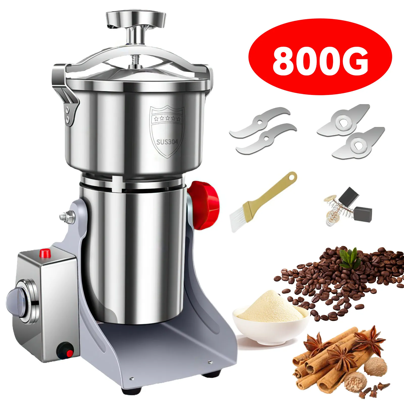 Macinacereali da 3500W, Mulino Elettrico ad Alta Velocità in Acciaio Inox per Cereali, Noci, Spezie e Caffè, Capacità 800g, Trituratore di Cereali, 220V