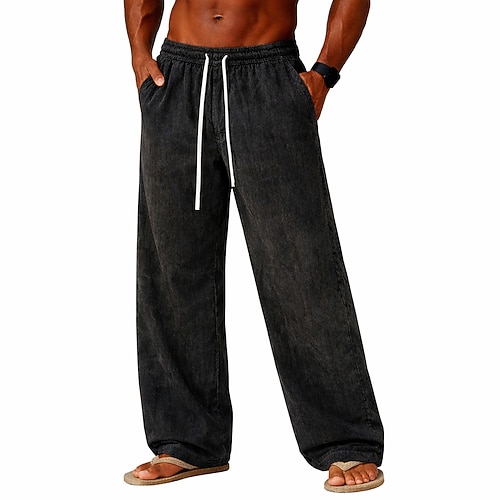 SoftFade™ Herren Hosen Freizeit Hosen 100% Baumwolle Baggy Pants Acid-Wasch-Hosen mit Kordelzug Weite Beine Einfarbig Bequem Vollständig Länge Täglich Outdoor Streetwear Mode Retro Vintage Schwarz Image