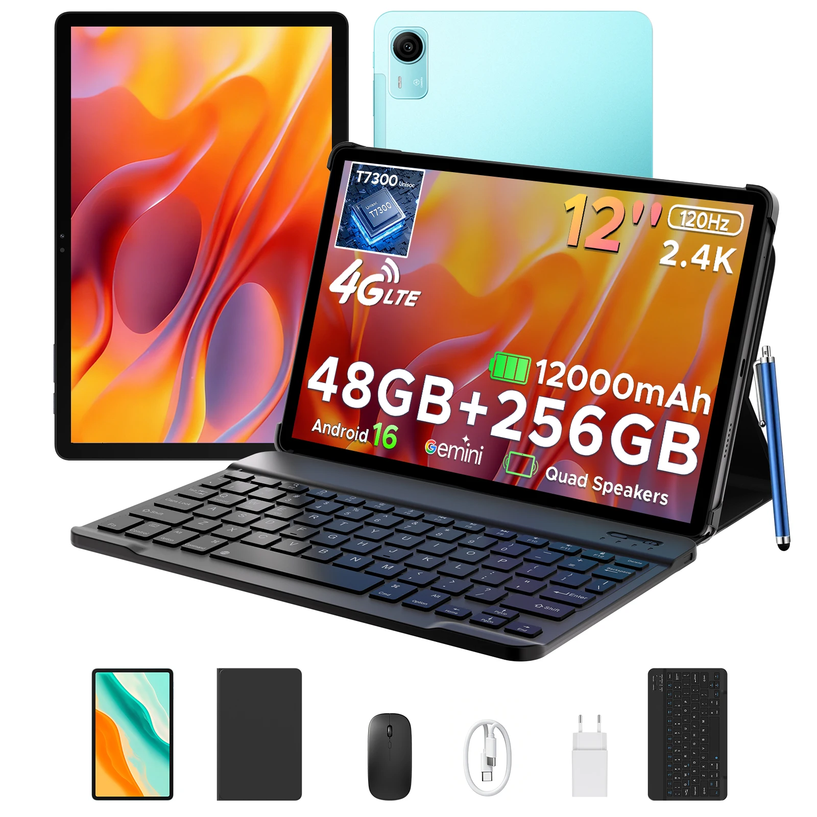 POCKAM P12 Pro Tablet PC Android 16 2 in 1 con Gemini AI, 12 Pollici 120Hz, Batteria 12000mAh, 48GB RAM (12+36), 256GB ROM, Supporto Widevine L1