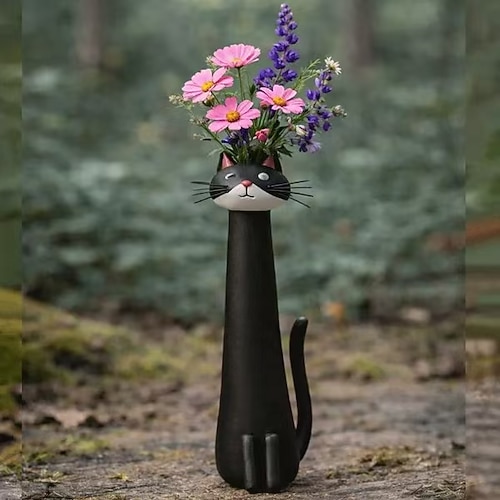 Handgefertigte, originelle Vase in Katzenform aus Kunstharz, niedlicher Katzen-Pflanztopf für Sukkulenten, für drinnen und draußen, Garten, Terrasse, Rasen, Balkon, Zuhause Image