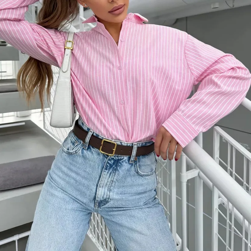Nuova Camicetta a Righe da Donna Primavera-Estate 2026, Stile Casual con Colletto Rovesciato, Camicia Larga Casual in Stile Coreano a Maniche Lunghe