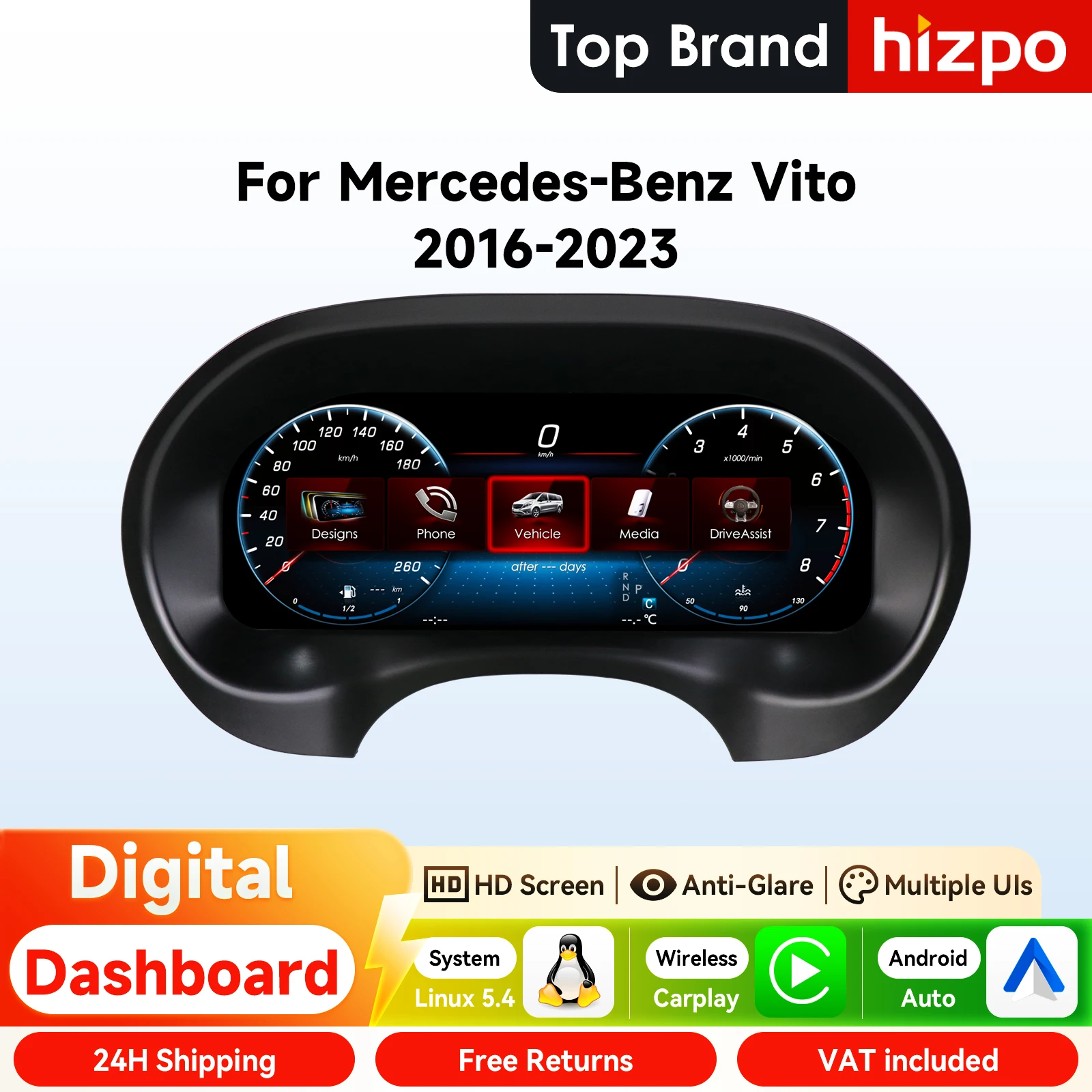 Quadro Strumenti Digitale Hizpo da 12,3'' per Mercedes-Benz Vito 2016 - 2023, Pannello LCD per Cruscotto, Cockpit Virtuale con Android Auto