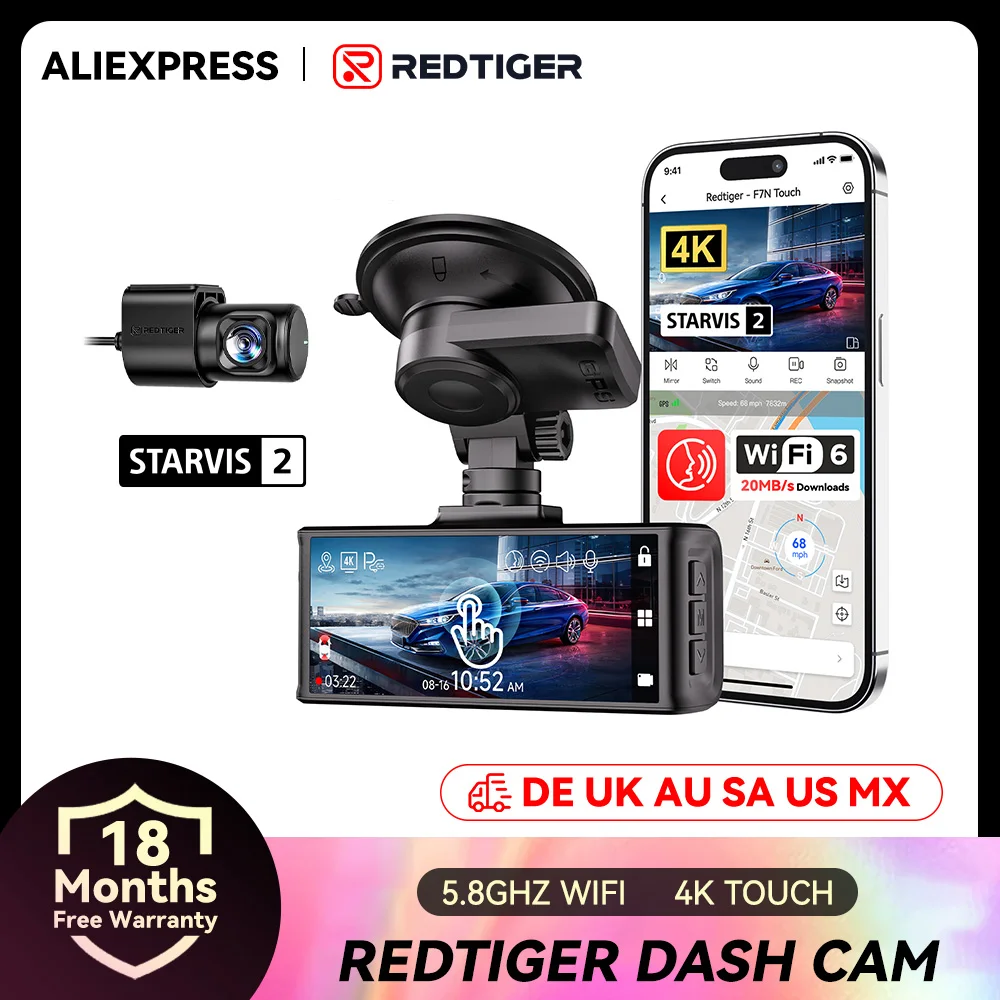 REDTIGER F7N TOUCH 4K Dash Cam Anteriore e Posteriore, WiFi 5.8GHz, DVR Auto, Doppia Telecamera per Auto, Registratore con GPS Touchscreen