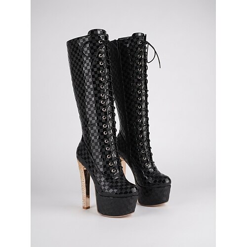 Schwarze Overknee-Plateau-Stiefel für Damen, auffällige Schnürstiefel mit hohem Absatz für Partys und Clubbesuche gewagte Mode-Looks Image