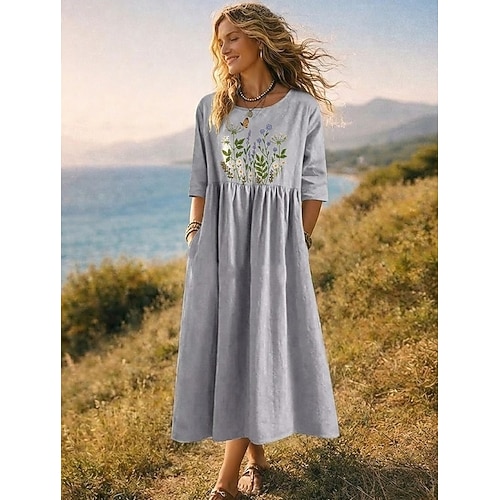 Damen Midikleid Freizeitkleid Sommerkleid Mode Modern Täglich Strand Wochenende Normale Passform Tiermotiv Blume Halbarm Rundhalsausschnitt Violett Dunkelblau Frühling Herbst Image